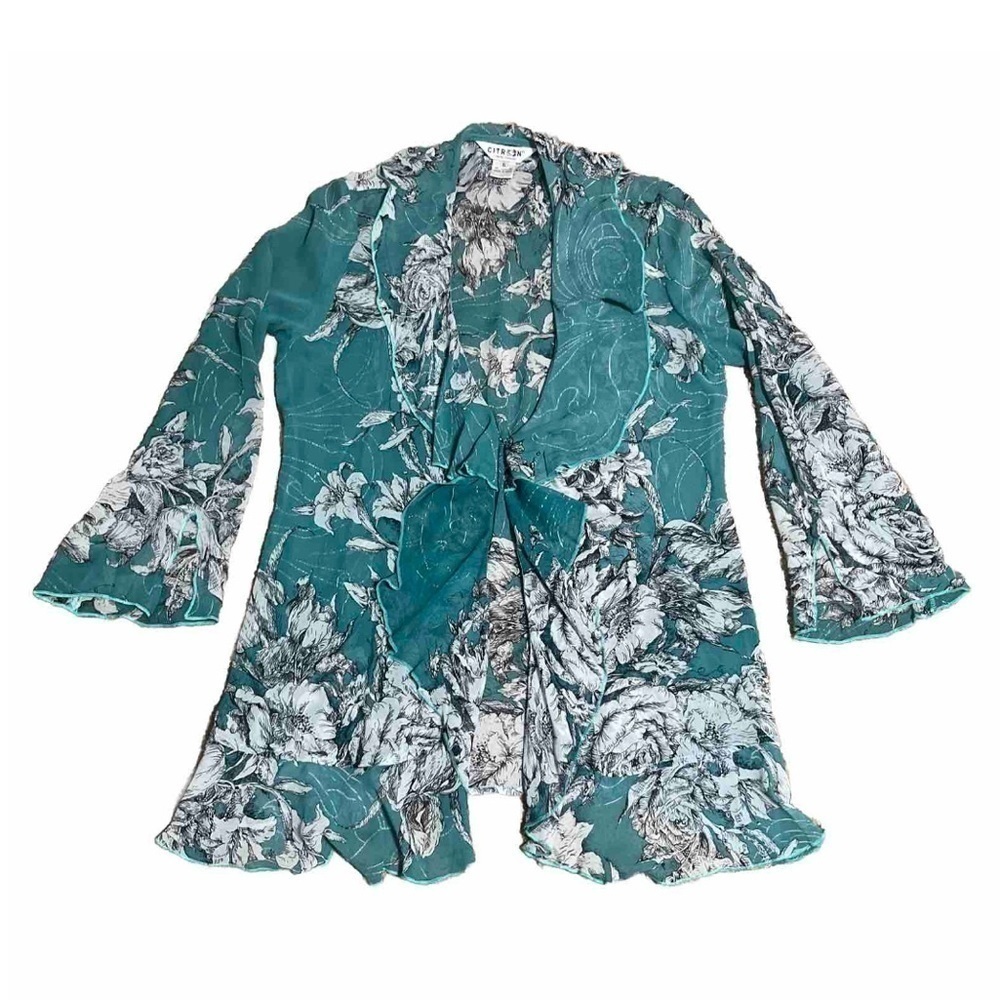 Citron‎ Art to Wear Sheer Floral Asian Silk Open Waterfall Cardigan Turquoise S